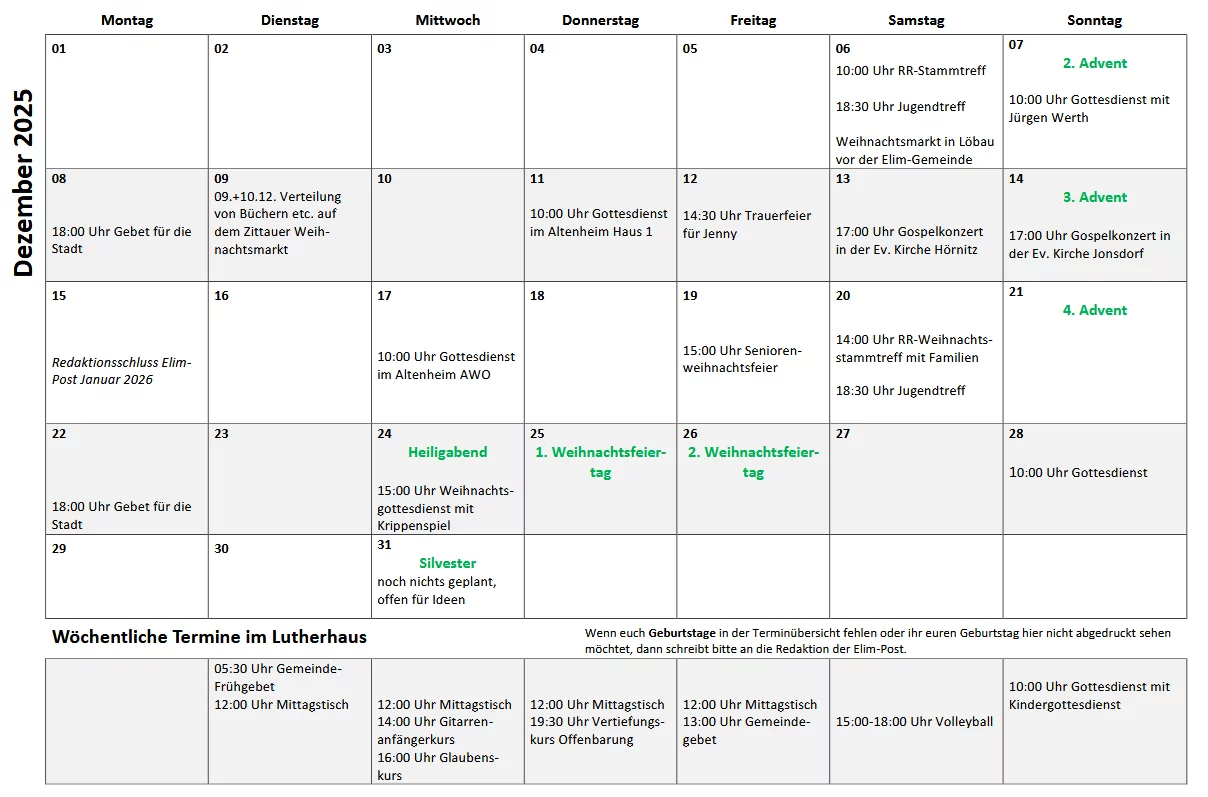 Termine Dezember 2025 Elim Zittau