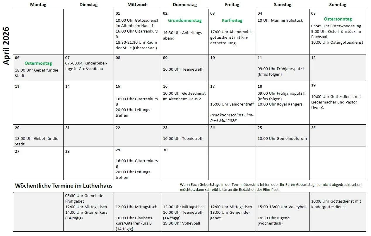Termine Dezember 2025 Elim Zittau